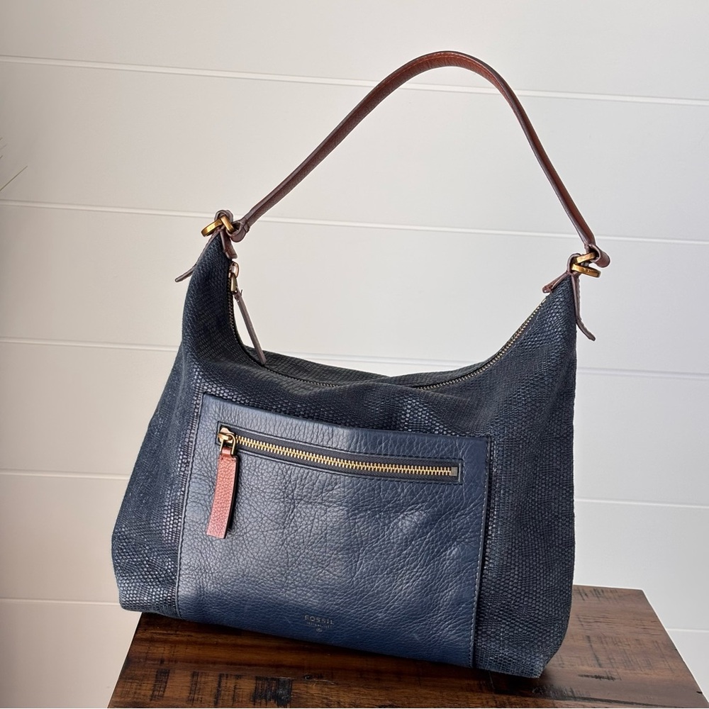 Fossil Vickory Navy Textile and Leather Shoulder Hobo Bag